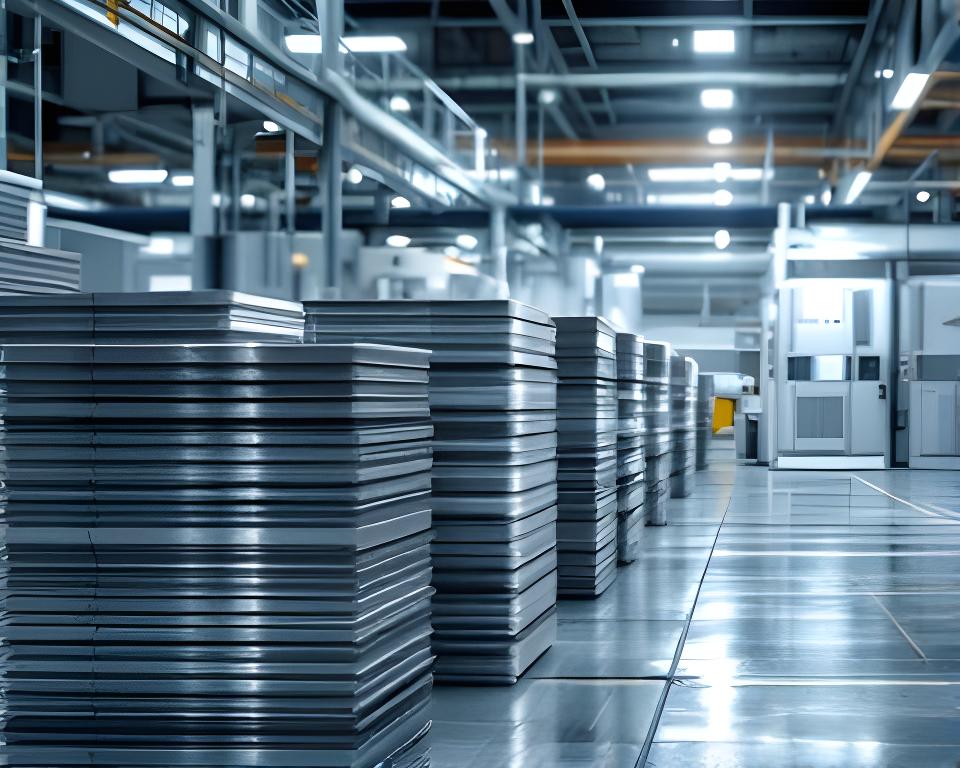 Bobinas y chapas de aluminio apiladas en una planta industrial luminosa con máquinas de laminado al fondo