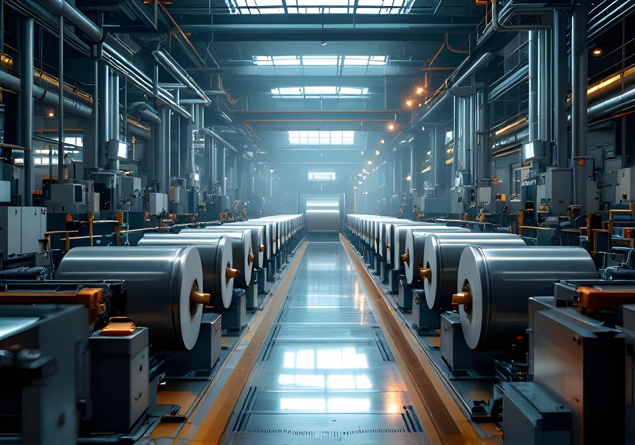 Planta moderna de laminación de aluminio con bobinas industriales, iluminación natural y maquinaria en funcionamiento