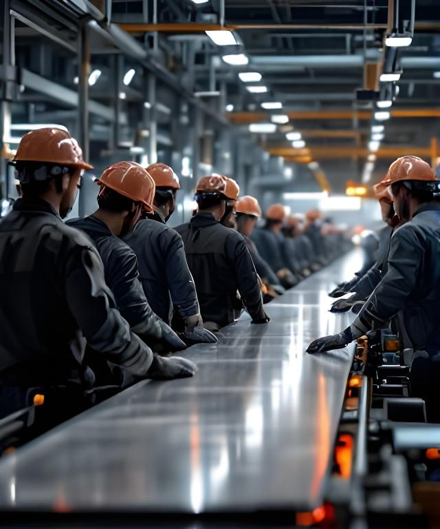 Equipo de producción trabajando en línea con cascos y guantes en una nave industrial iluminada
