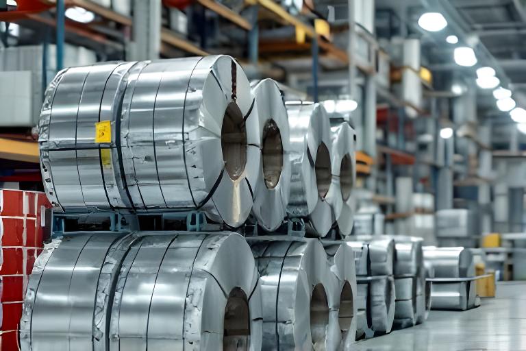 Bobinas de aluminio para envases y empaques apiladas en una sala industrial ordenada