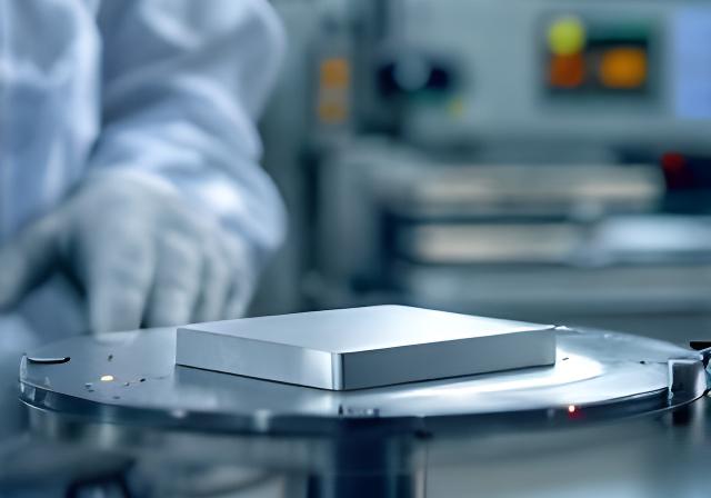 Técnica inspeccionando una muestra de aluminio con instrumentos de medición en laboratorio propio