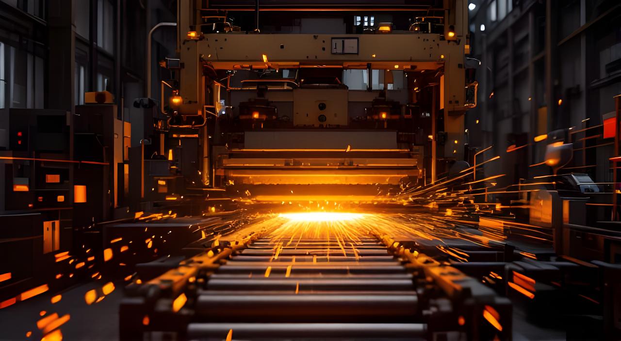 Equipo operando tren de laminación con chispas suaves de luz y paneles de control en una nave industrial