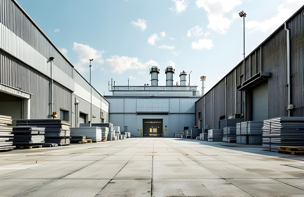 Vista exterior de una planta de aluminio en Goya, con acceso amplio, materiales apilados y cielo abierto