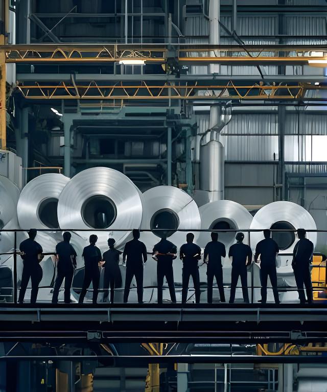 Grupo de trabajadores de pie en una pasarela de planta con fondo de bobinas de aluminio y estructura metálica