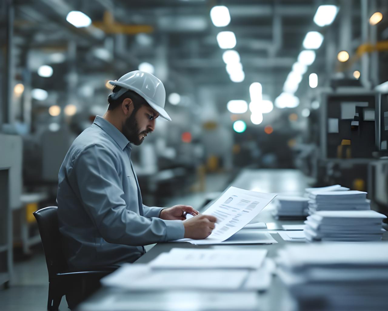 Plano de una planta industrial de aluminio con planillas de control y una persona revisando documentación de privacidad en un escritorio luminoso