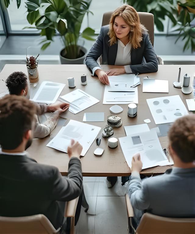 Área comercial atendiendo a un cliente frente a planos y muestras de aluminio sobre una mesa de reuniones