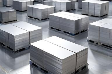 Chapas de aluminio terminadas apiladas y listas para despacho en pallets limpios