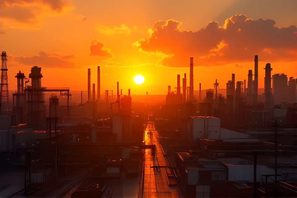 Atardecer sobre la planta de aluminio con siluetas de estructuras industriales y una vista amplia del predio